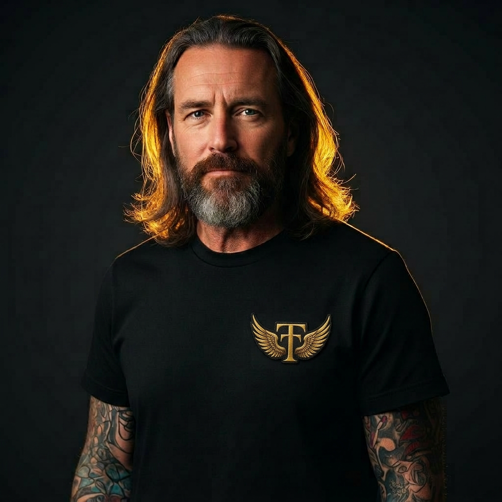 Founder's Edition — charcoal black tee with gold winged T logo